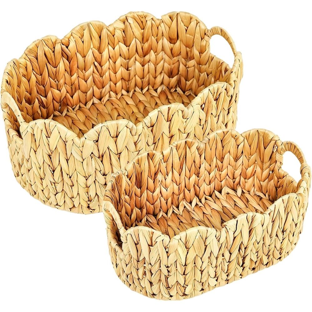 Boho Scalloped Water Hyacinth Baskets Set of 2 Handwoven Wicker Storage Decor